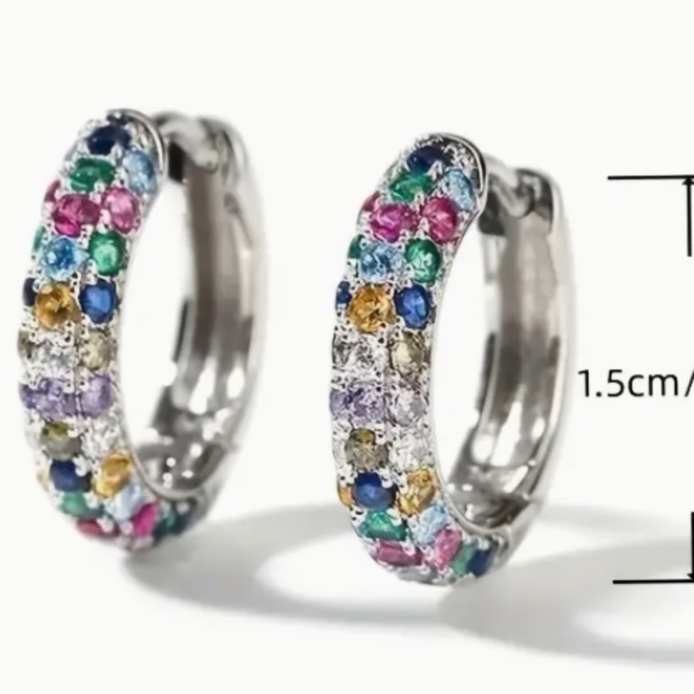 Silver Plated Mini Hoop Earrings Sparkling colorful Zircon Gem - Picture 2 of 10